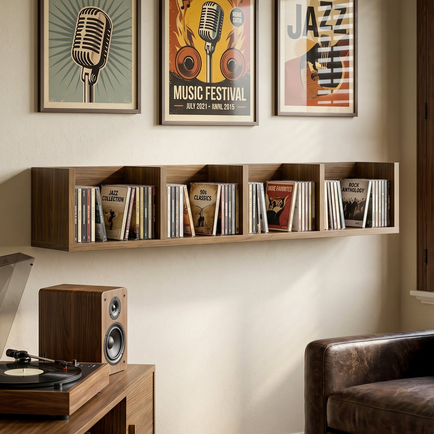 Wooden Wall-Mounted Storage Media Display Shelf Center Rack, Walnut
