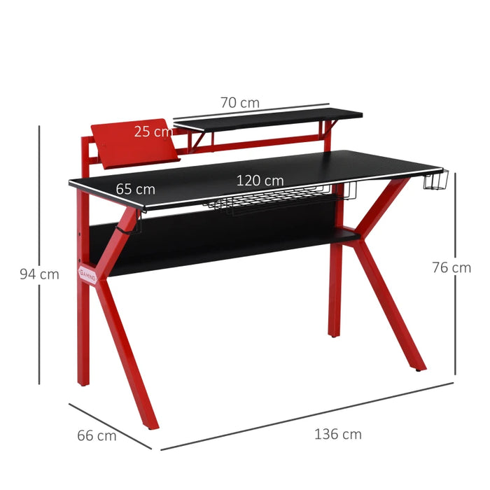 Gaming Desk Computer Table with Monitor Stand, Cup Holder, Headphone Hook, Wire Basket and Metal Frame