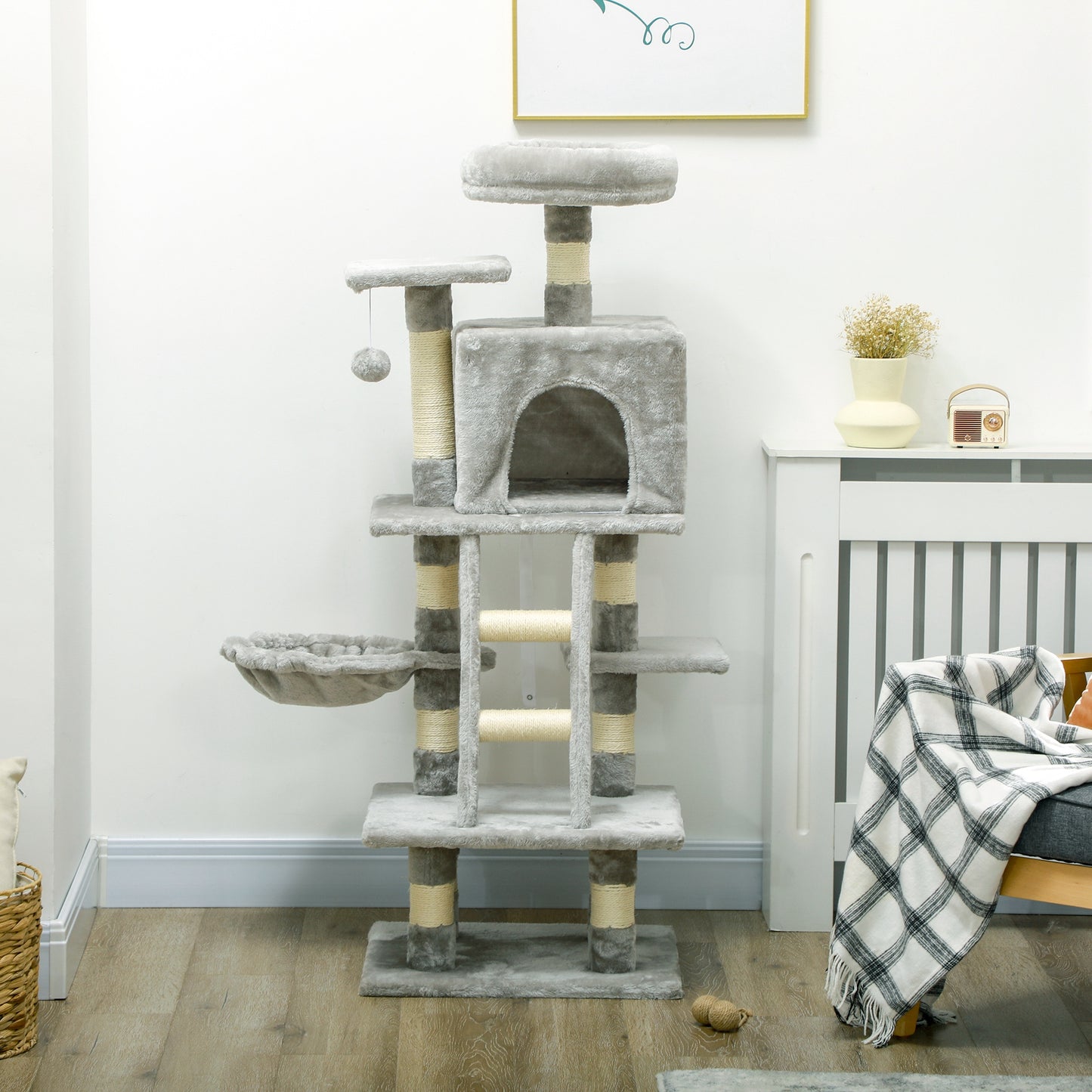 132cm Multi-Activity Cat Tree w/ House, Bed, Ladder, Scratch Post - Grey