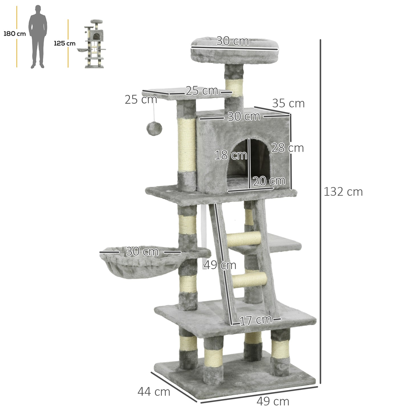 132cm Multi-Activity Cat Tree w/ House, Bed, Ladder, Scratch Post - Grey