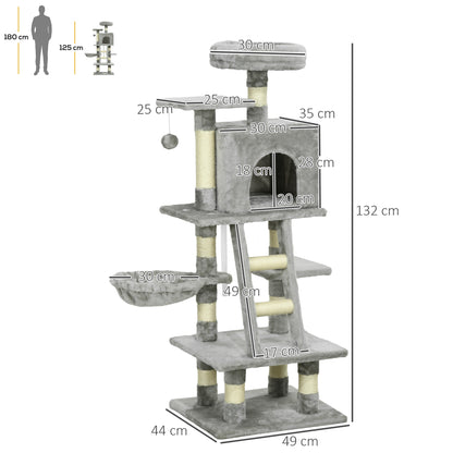 132cm Multi-Activity Cat Tree w/ House, Bed, Ladder, Scratch Post - Grey