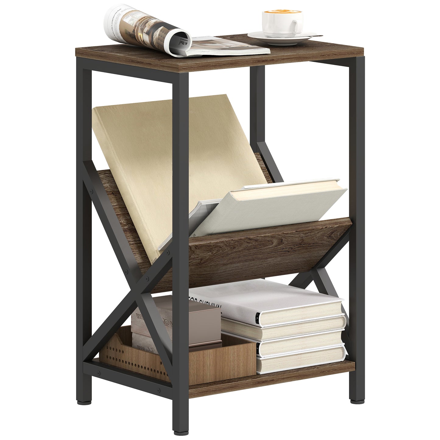 Narrow Side Table, End Table with 3-Tier Storage for Living Room