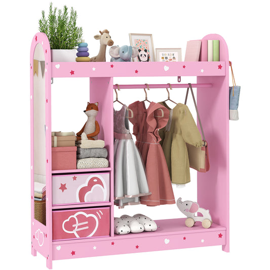 Kids Wardrobe, Kids Clothes Rail with Mirror for Bedroom, Pink
