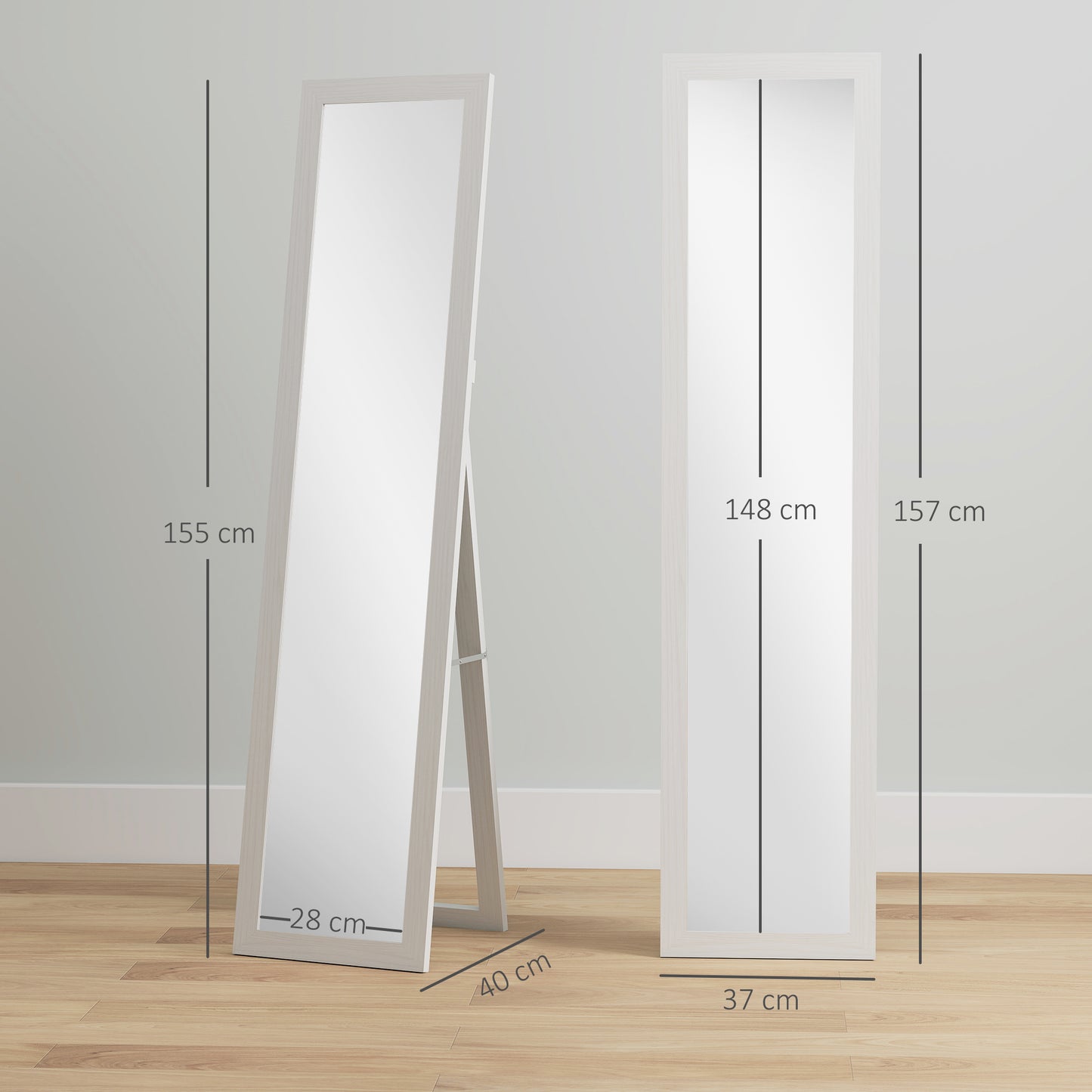 37 x 157 cm Full Length Mirror with Frame for Bedroom, White