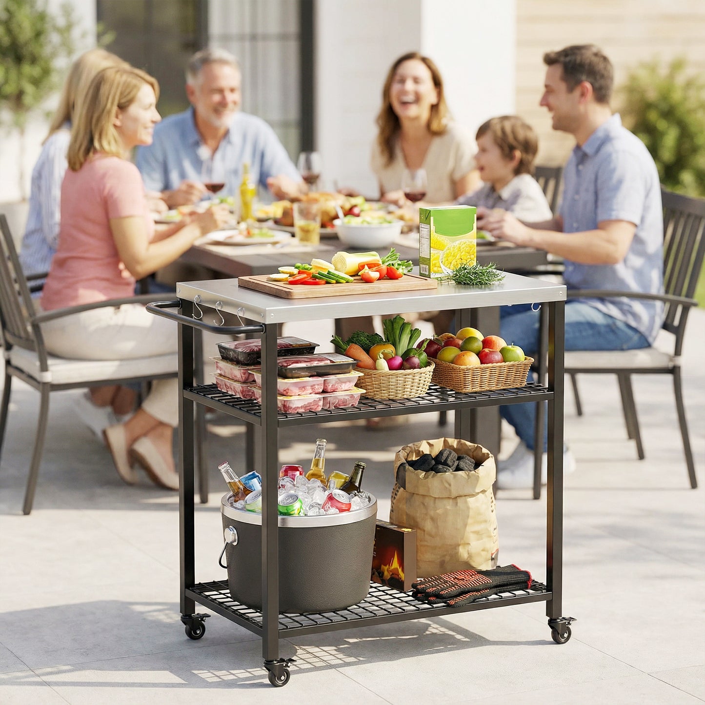 Outdoor Grill Cart, Movable Food Prep Table with Wheels, Hooks