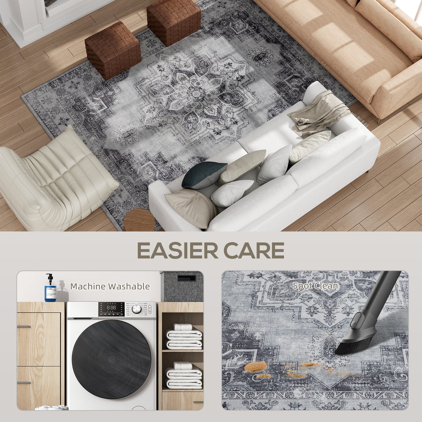 Flannel Non-Slip Washable Rug for Living Room, 290 x 200 cm, Grey