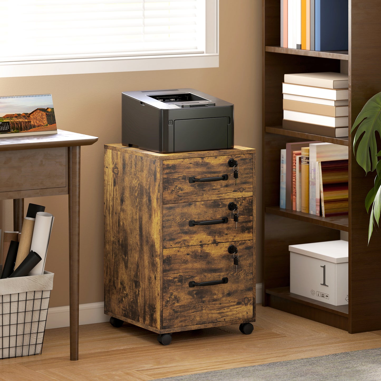 3 Drawer File Cabinet Rolling Filing Cabinet for A4 and Letter Brown