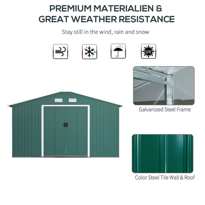 Outsunny 13 x 11ft Garden Metal Storage Shed Outdoor Storage Shed with Foundation Ventilation & Doors, Green