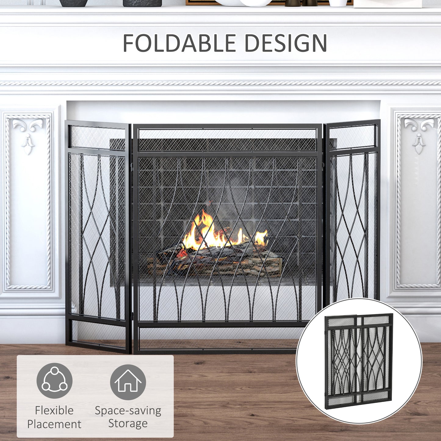 126cm 3-Panel Metal Folding Fireplace Screen Protective Guard Child Pet Home