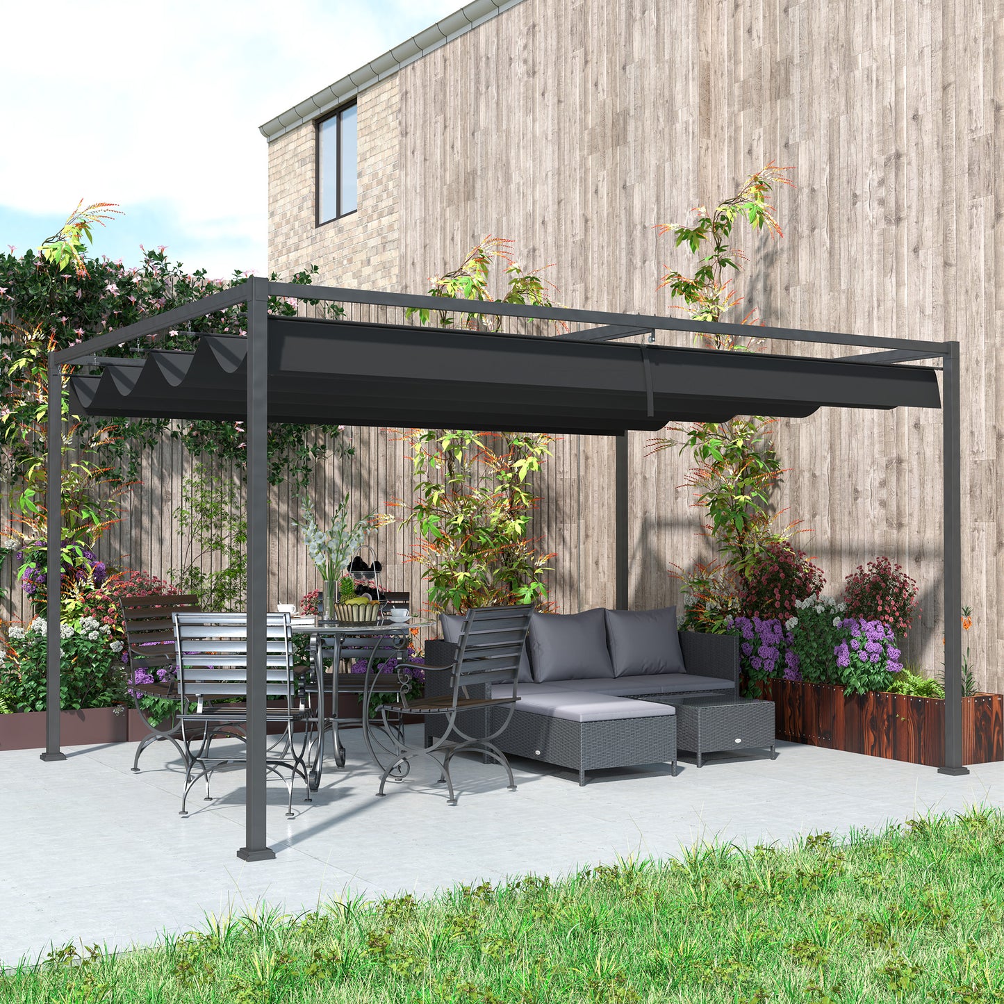 4x3(m) Metal Pergola Gazebo Patio Sunshelter Retractable Canopy Black