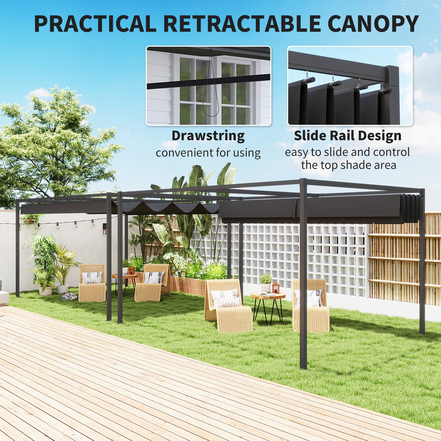 4x3(m) Metal Pergola Gazebo Patio Sunshelter Retractable Canopy Black