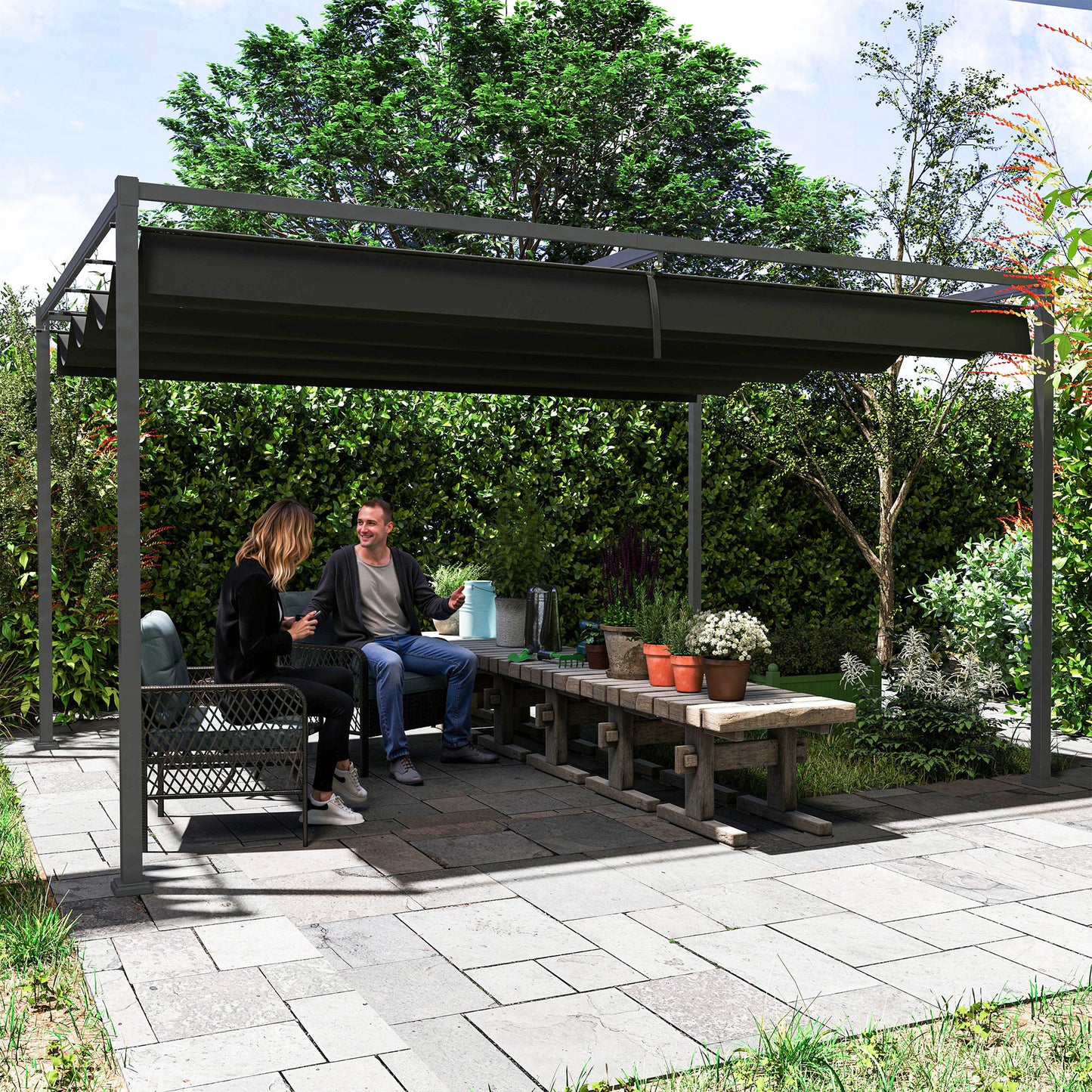 4x3(m) Metal Pergola Gazebo Patio Sunshelter Retractable Canopy Black