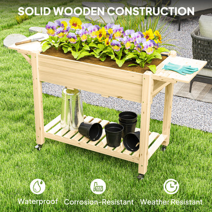 Wooden Raised Planter with Lockable Wheels, Liner, Natural