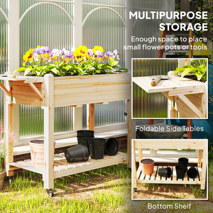 Wooden Raised Planter with Lockable Wheels, Liner, Natural