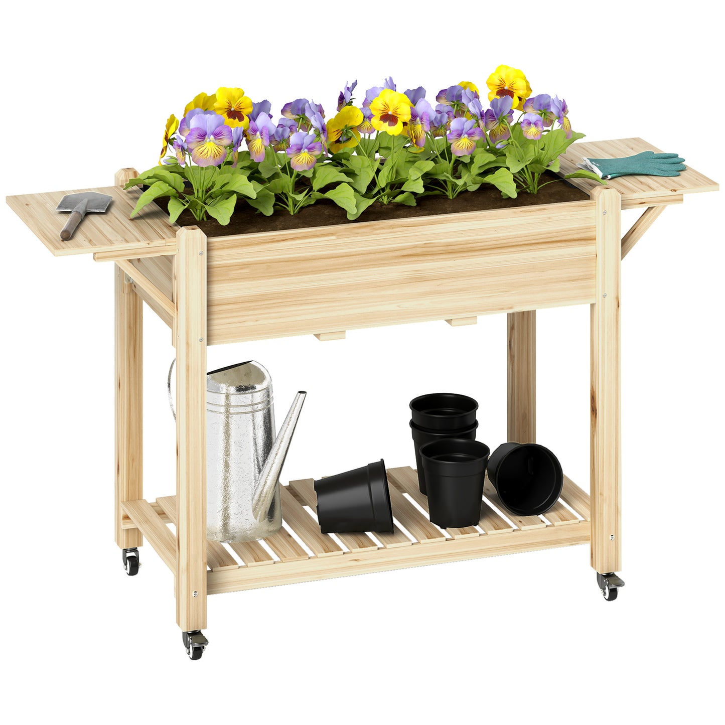 Wooden Raised Planter with Lockable Wheels, Liner, Natural