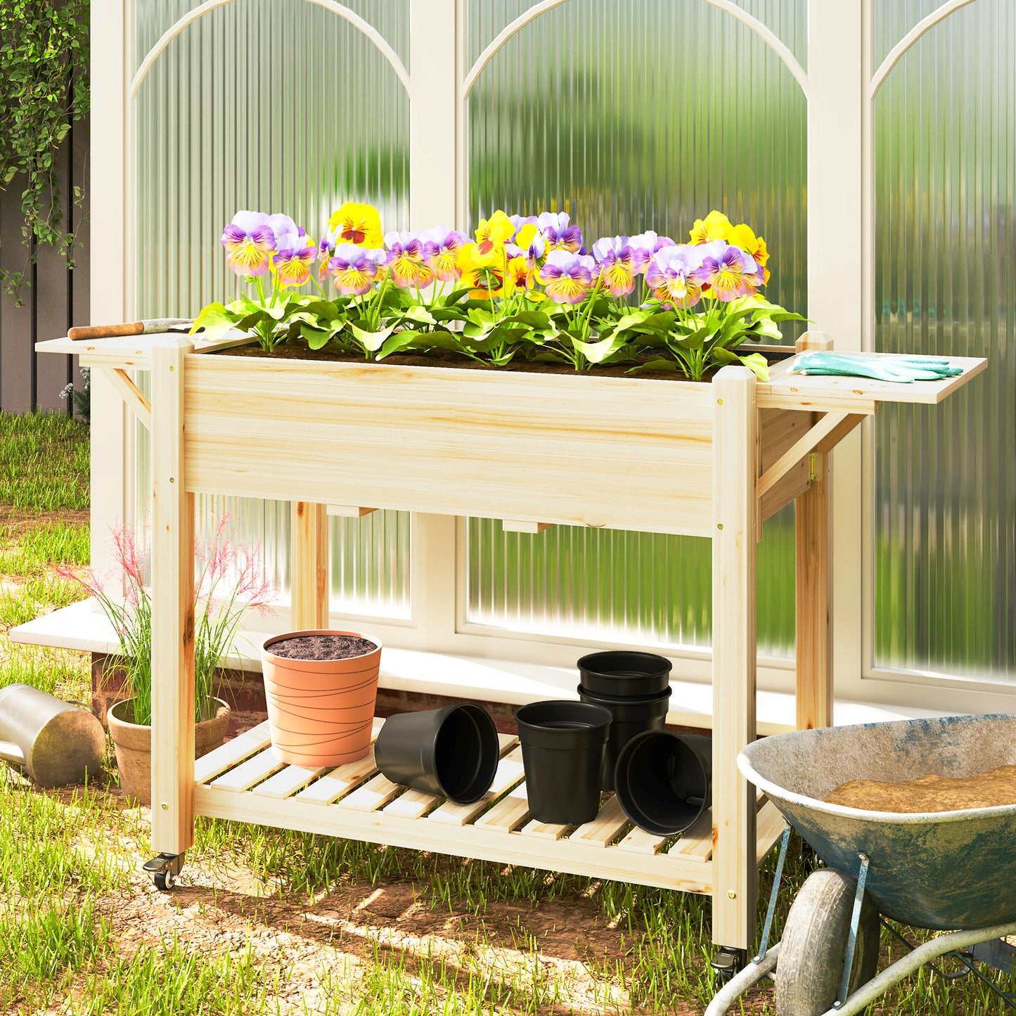 Wooden Raised Planter with Lockable Wheels, Liner, Natural