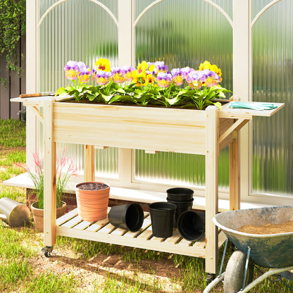 Wooden Raised Planter with Lockable Wheels, Liner, Natural