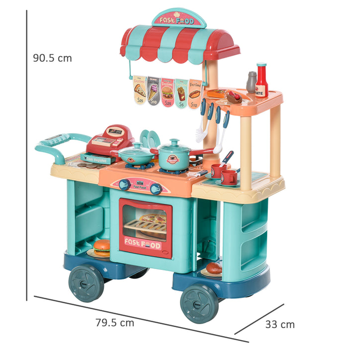 50 Pcs Kids Kitchen Play set Fast Food Trolley Cart Pretend Playset Toys with Play Food Money Cash Register Accessories Gift for Kids Age 3-6