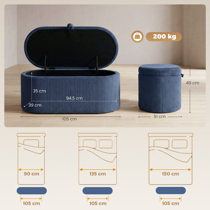 Storage Ottoman, Corduroy Ottoman Storage Box with Padded Seat, Blue