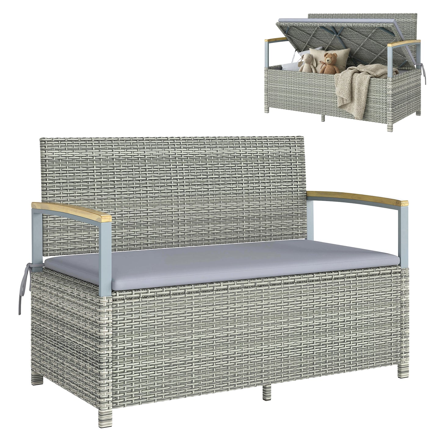 170 L Garden Storage Bench with Zipped Liner, 2 Seater PE Rattan Garden Bench with Storage, Gas Strut, Acacia Wood Top Armrests, Cushion, Patio Outdoor Benches Chest Container, Light Grey
