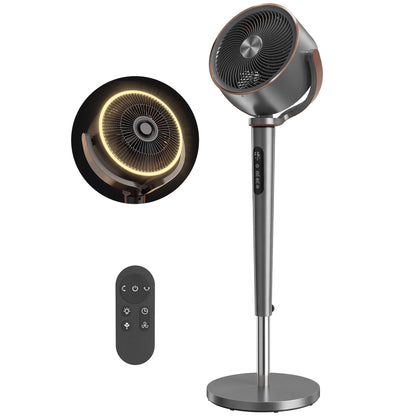 20dB Silent Standing Fan, 70°+90° Auto Oscillating Fan with 12 Speeds, LED Light, Air Circulator, Remote Control, 12H Timer, for Bedroom, 46 Inch, Grey