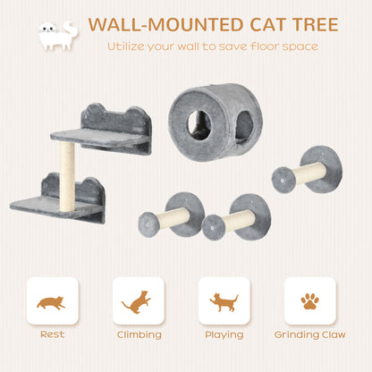 5 PC Wall-Mounted Cat Tree Furniture Perch House Scratching Post Grey