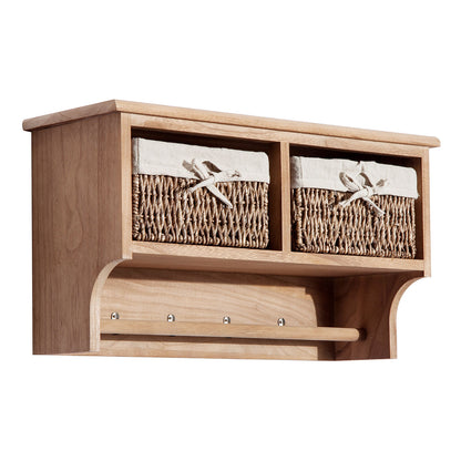 Entryway Coat Rack Wall Mounted Shelf Hooks 2 Baskets Brown