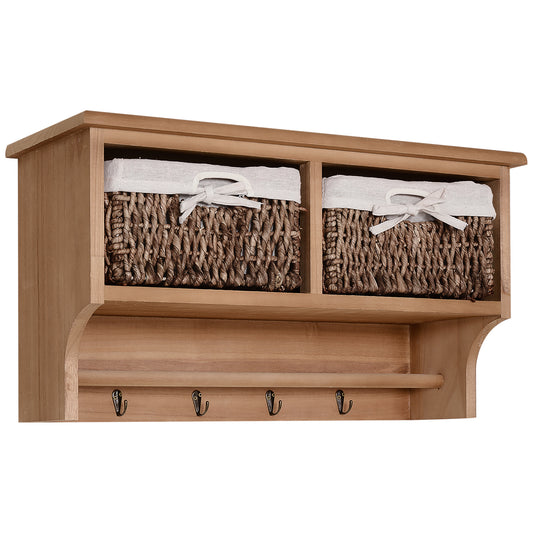 Entryway Coat Rack Wall Mounted Shelf Hooks 2 Baskets Brown