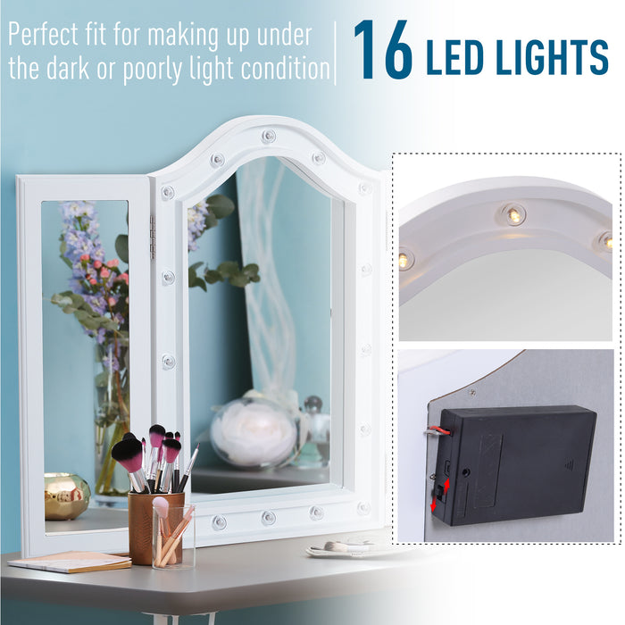 Trifold Freestanding Mirror, Lighted Tabletop Vanity Mirror Large Cosmetic w/16 LED Lights powered by batteries Foldable For Bedroom- White