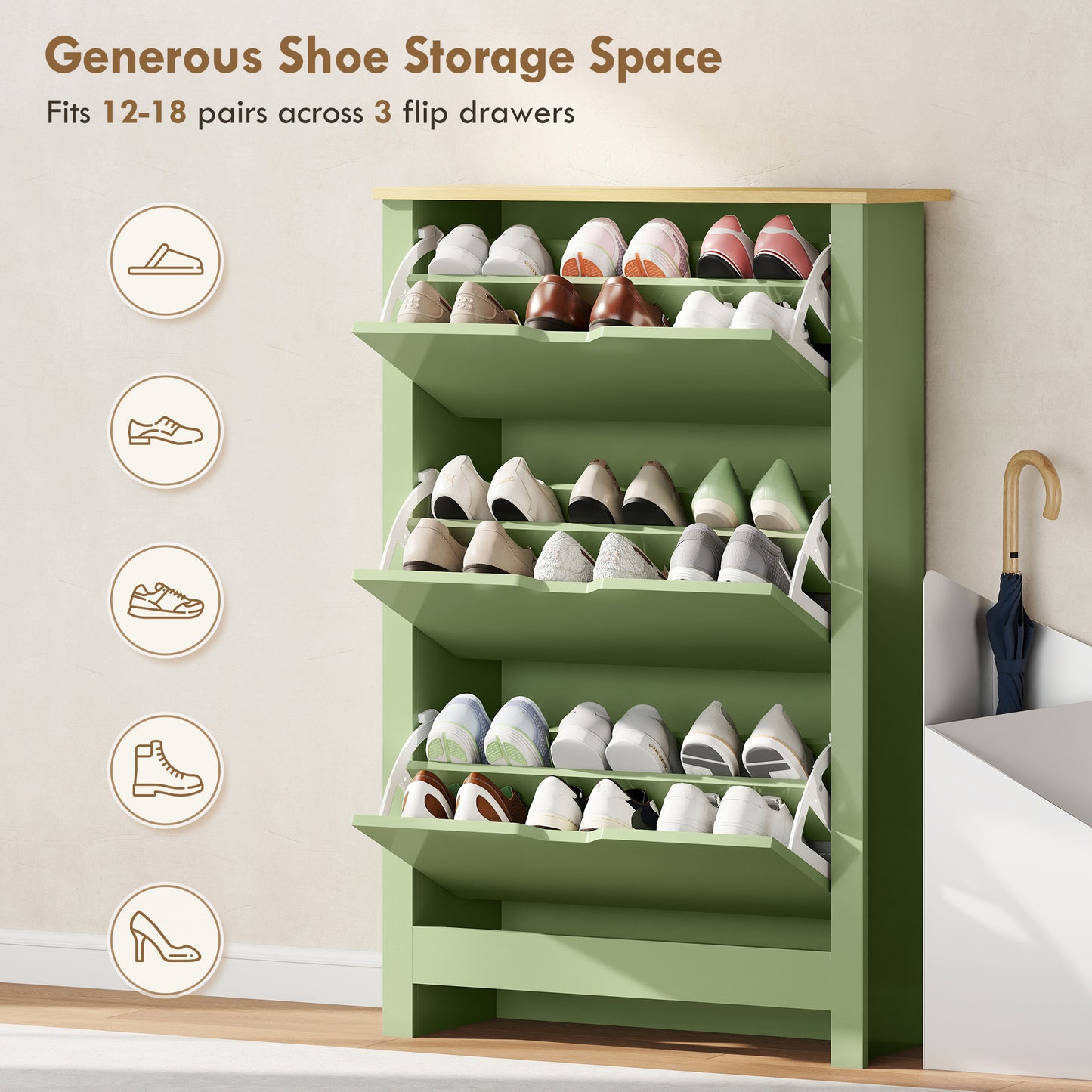 18-Shoe Storage Cabinet 6 Shelves 3 Drawers Tabletop High Gloss Green