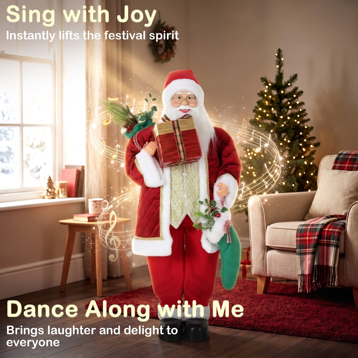 4ft Christmas Singing Dancing Santa Claus with Stocking, Sack