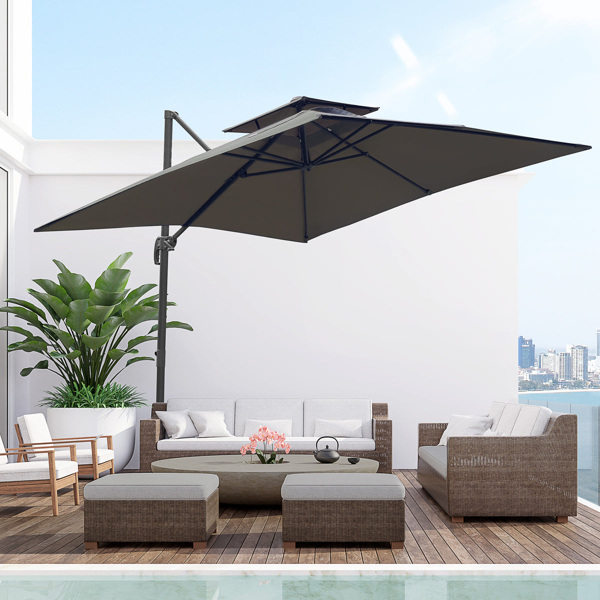 Cantilever Garden Parasol with Tilt, Rotation, Fillable Base Weights and Cover - Dark Grey