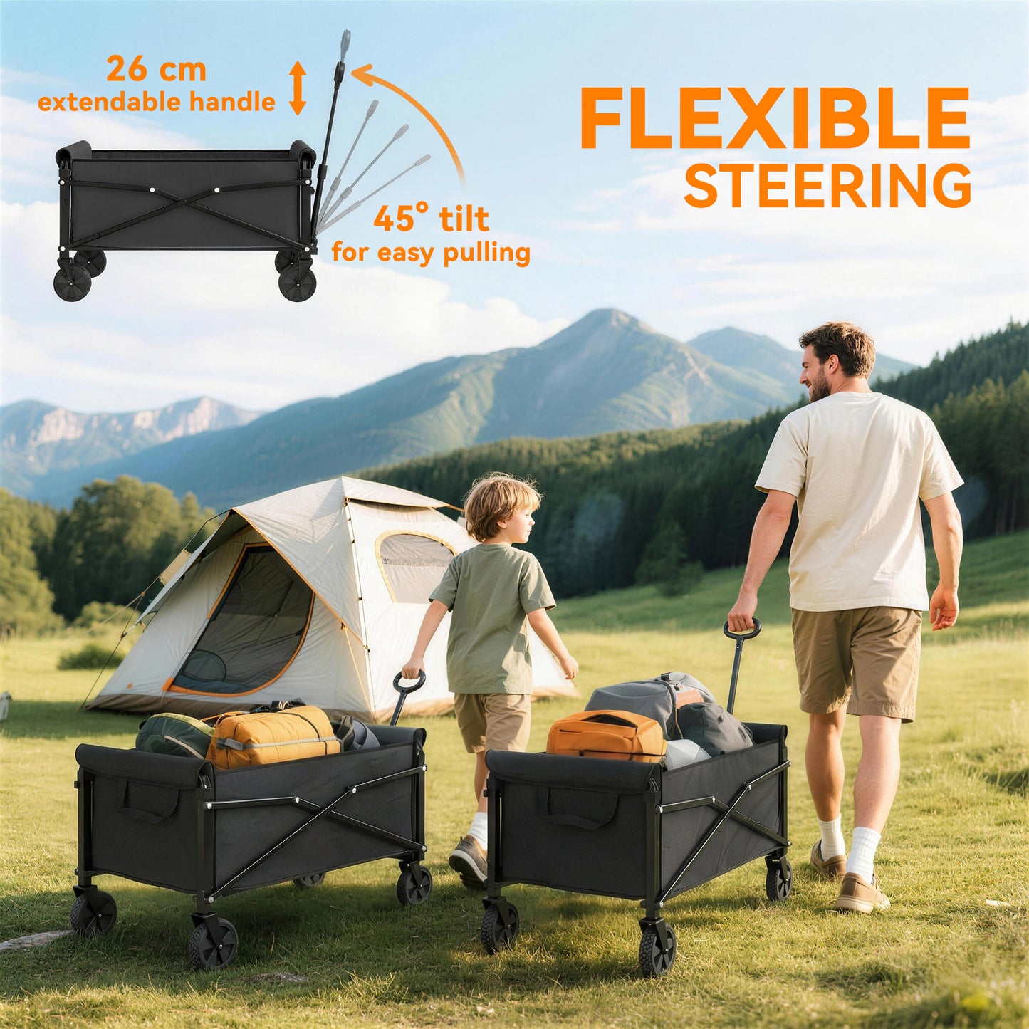 81L Festival Trolley on Wheels, Garden Folding Trolley Cart, Black