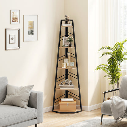 5-Tier Corner Bookcase, Floor Standing Shelving Unit, Natural