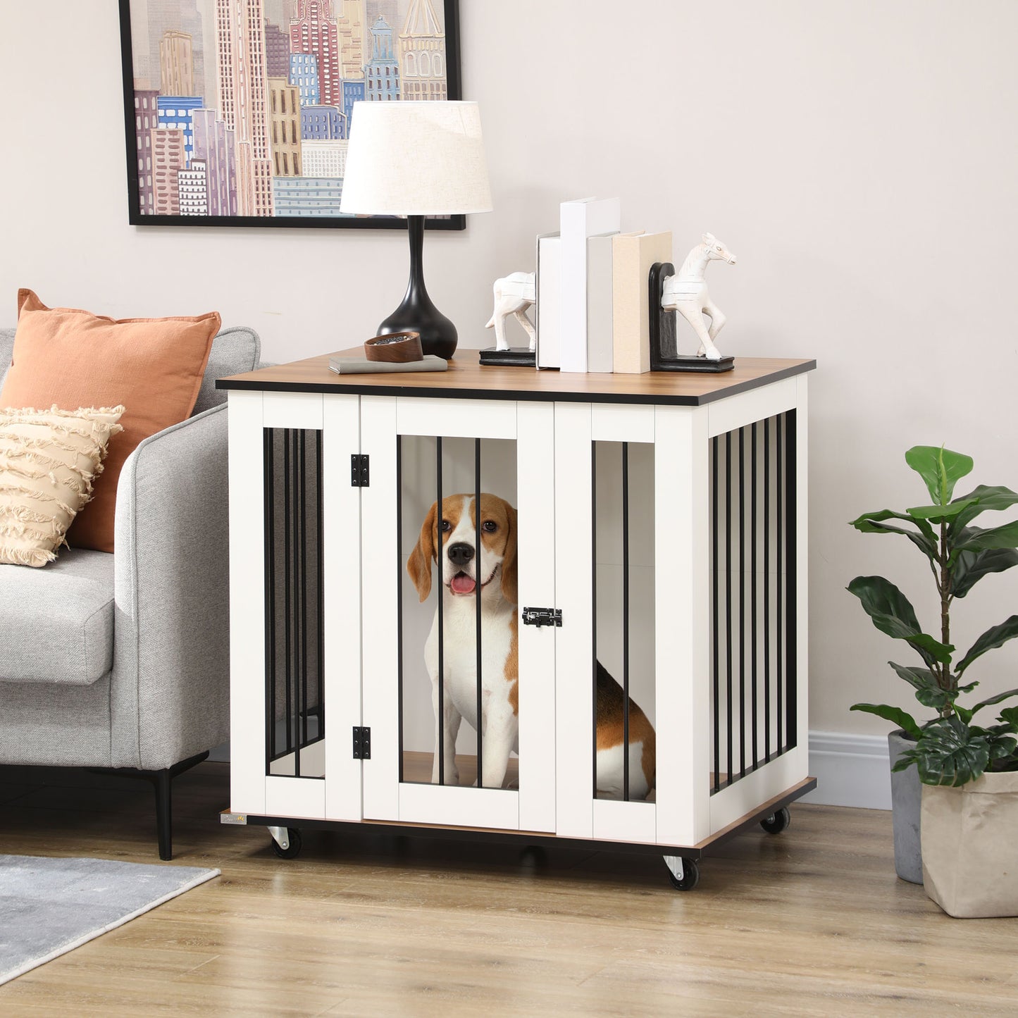 Dog Crate Furniture with Wheel for Medium Dogs, 80 x 60 x 76.5cm - White