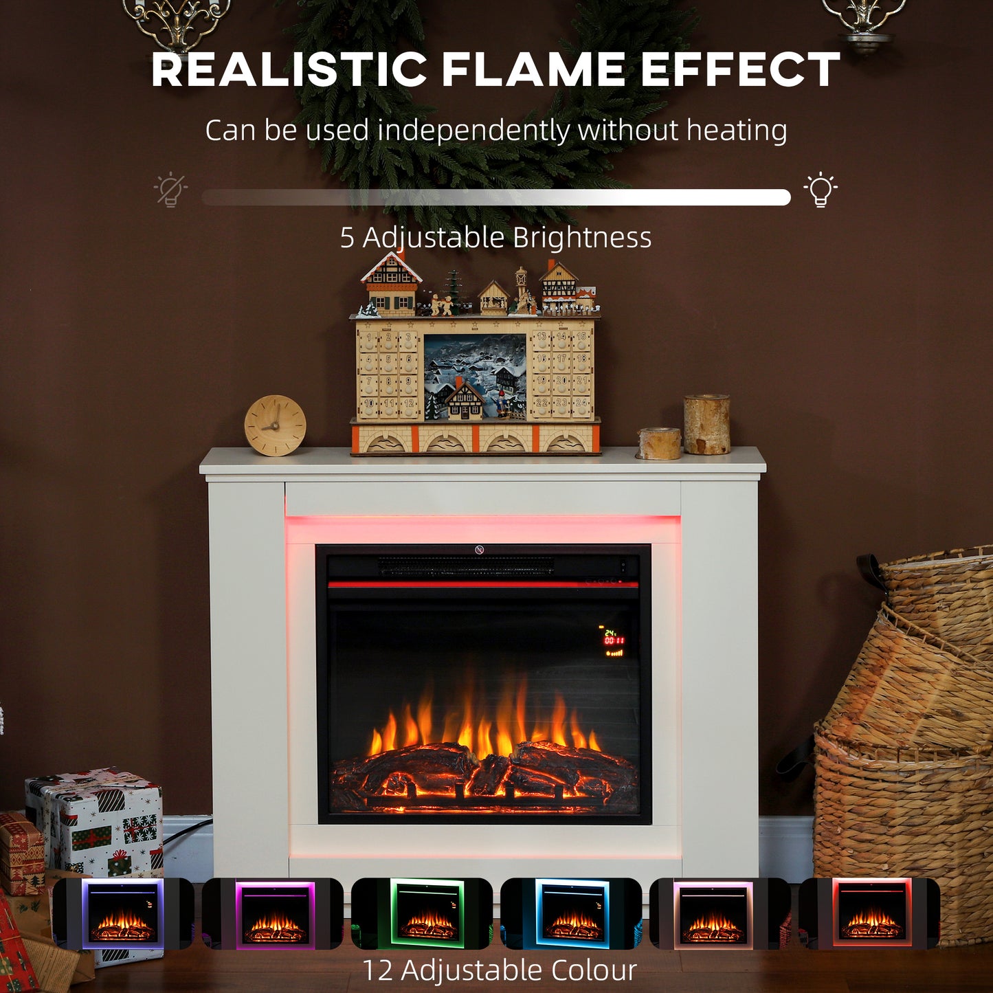 Electric Fireplace with Surround, 32" 2000W Inset Electric Fire and Mantel Reach up to 30 m² with 12 Colours Realistic Flame Effect & 5 Brightness, Remote & Timer for Living Room, White