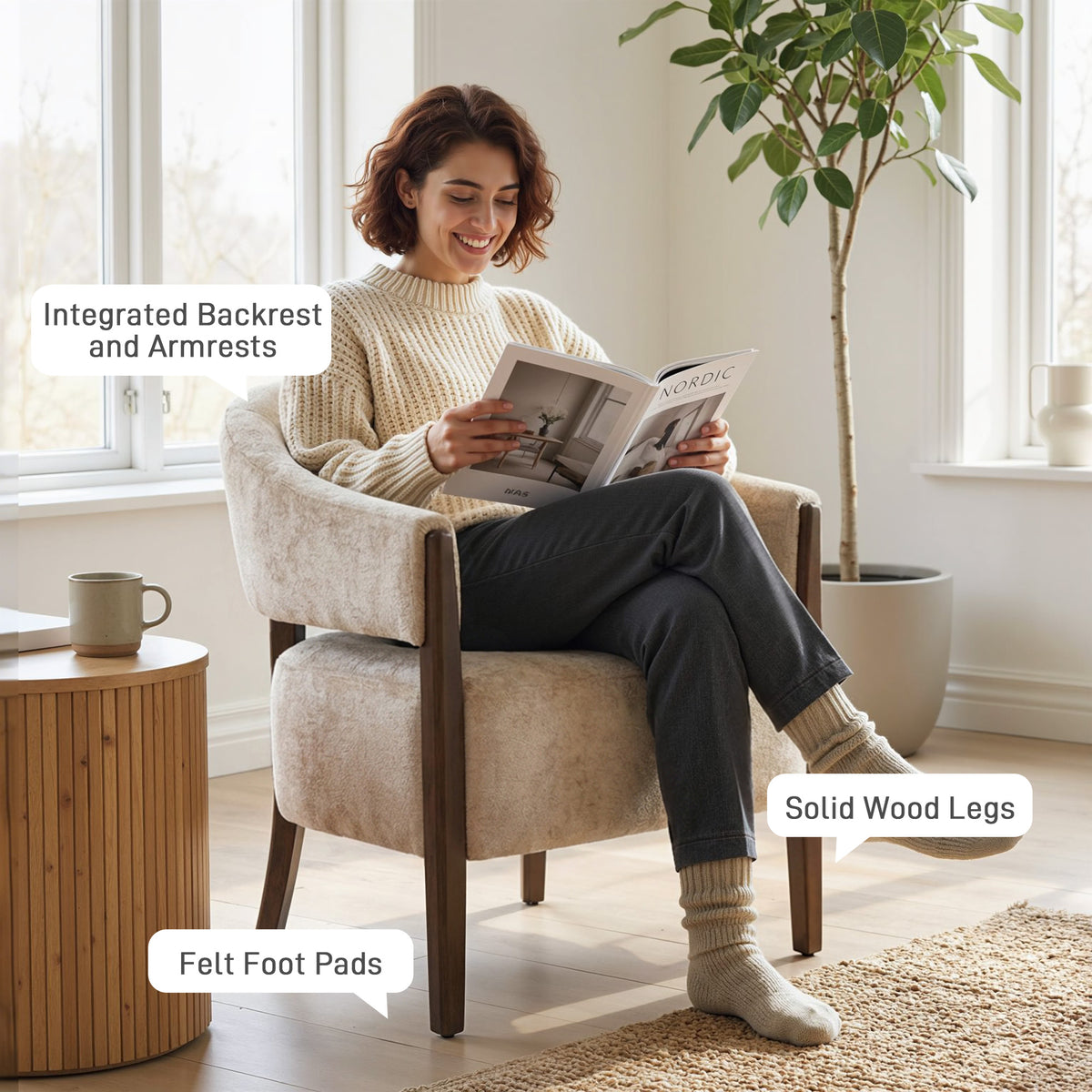 Accent Chair, Upholstered Armchair with Solid Wood Legs, Beige