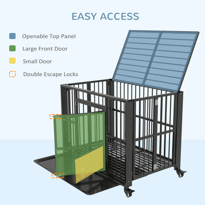 43" Heavy Duty Dog Crate, Foldable Dog Cage, with Openable Top, Locks, Removable Tray, Wheels - Black