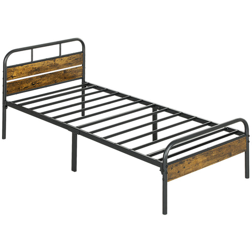 Single Bed Frame with Headboard, No Box Spring Needed, Rustic Brown