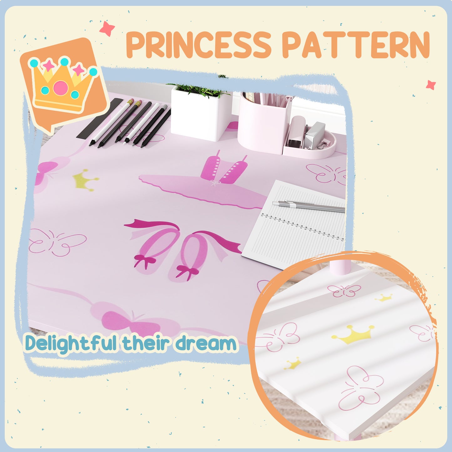 Princess Design Toddler Table and 2 Chairs Set, for Playroom