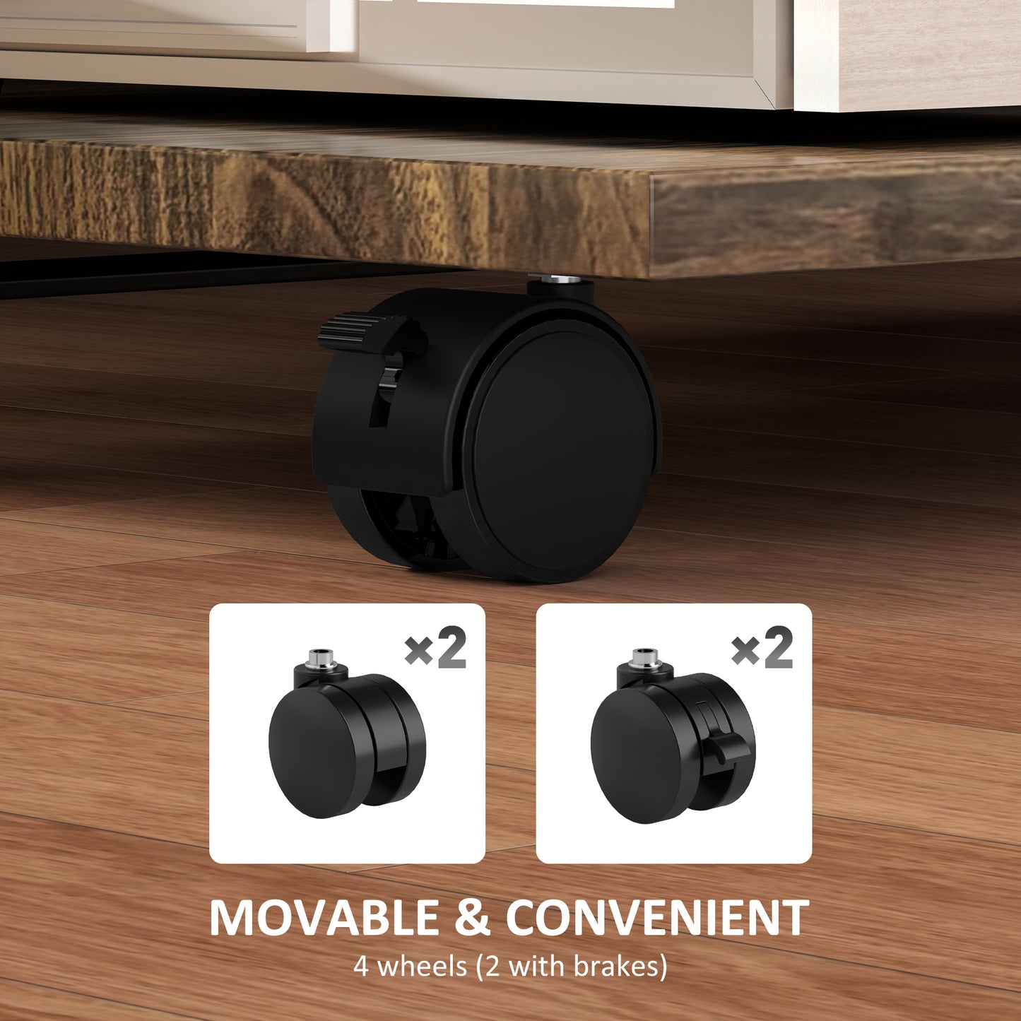 C Shaped Side Table with Storage & Wheels for Living Room, Brown