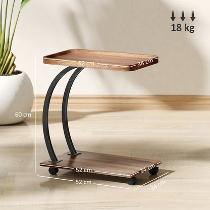 C Shaped Side Table with Storage & Wheels for Living Room, Brown