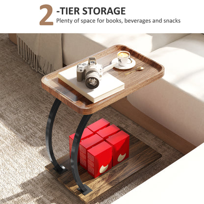 C Shaped Side Table with Storage & Wheels for Living Room, Brown