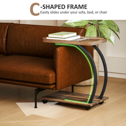 C Shaped Side Table with Storage & Wheels for Living Room, Brown