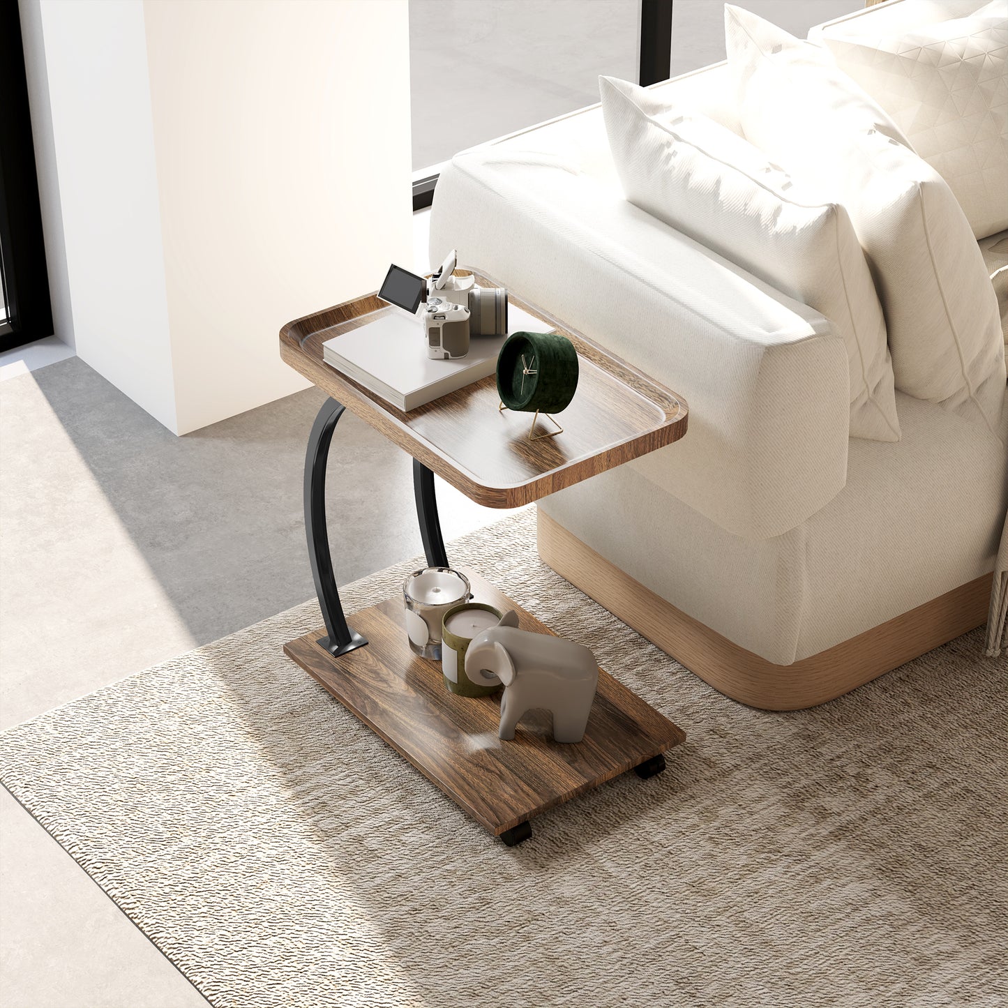 C Shaped Side Table with Storage & Wheels for Living Room, Brown