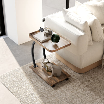 C Shaped Side Table with Storage & Wheels for Living Room, Brown