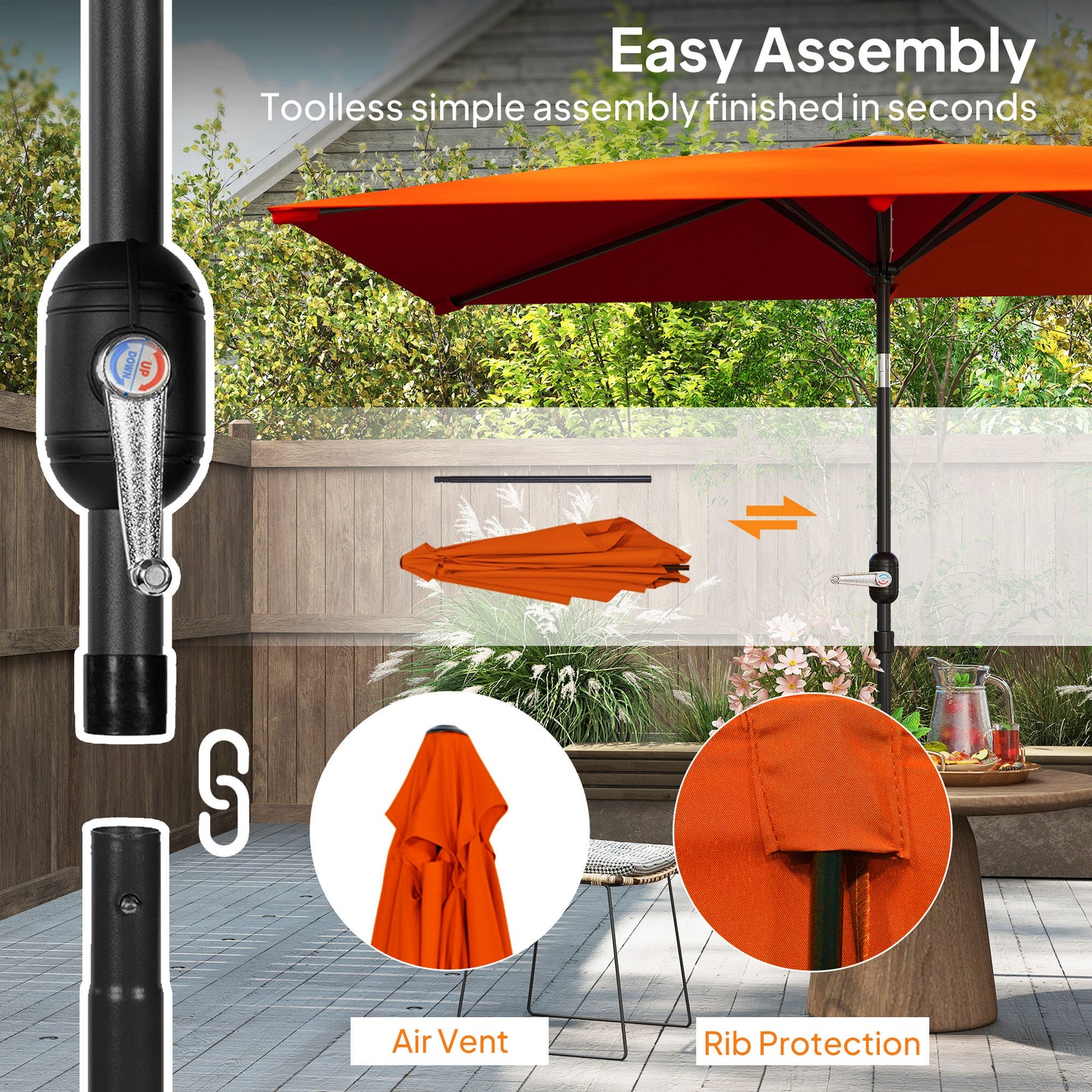 3x2m Garden Parasol Canopy Tilt Crank 6 Ribs Sun Shade Orange