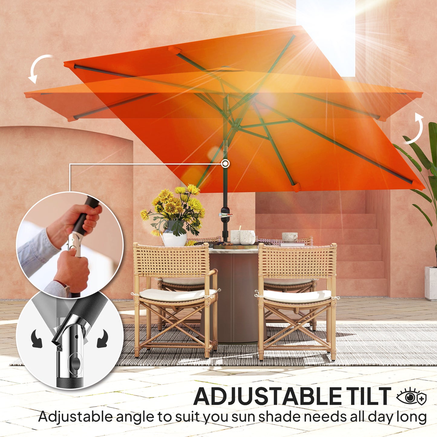 3x2m Garden Parasol Canopy Tilt Crank 6 Ribs Sun Shade Orange
