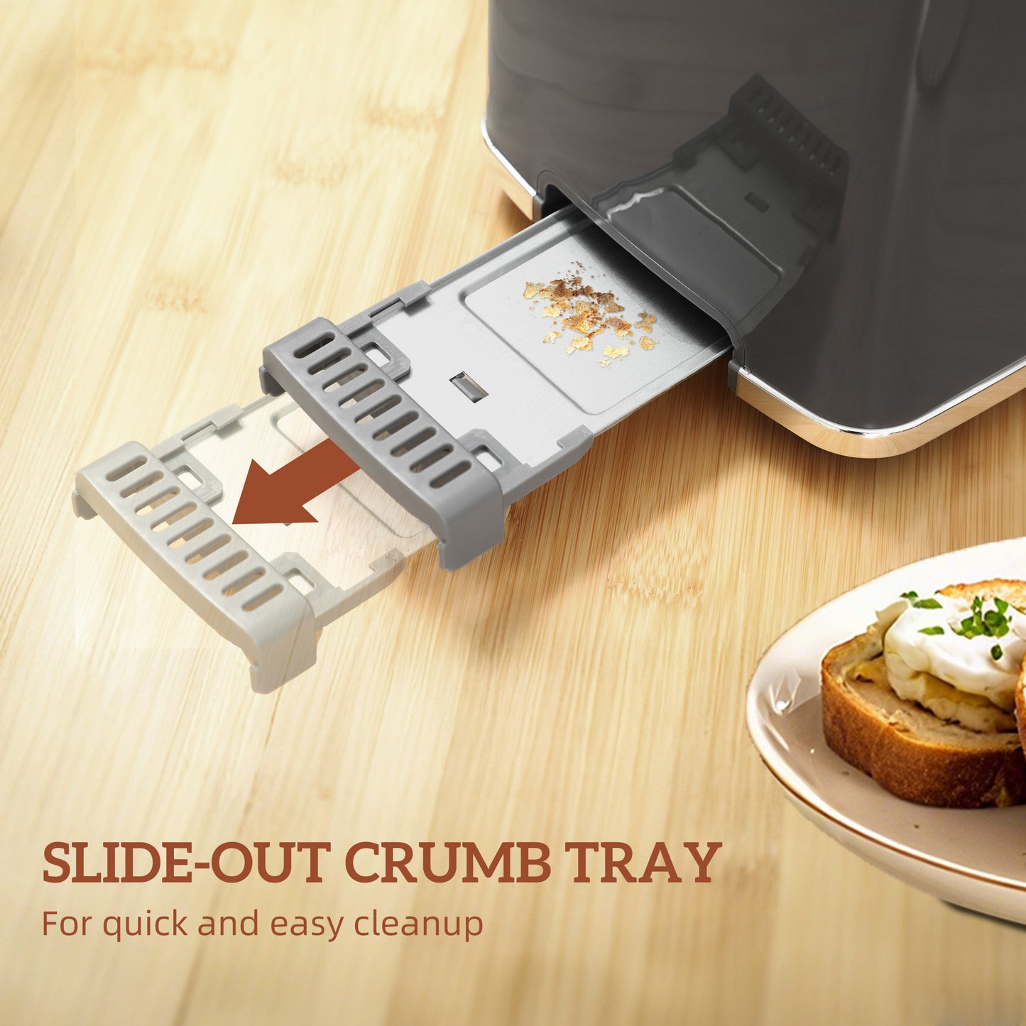 1.7L 3000W Rapid Boil Kettle and 2 Slice Toaster Set Crumb Tray Grey