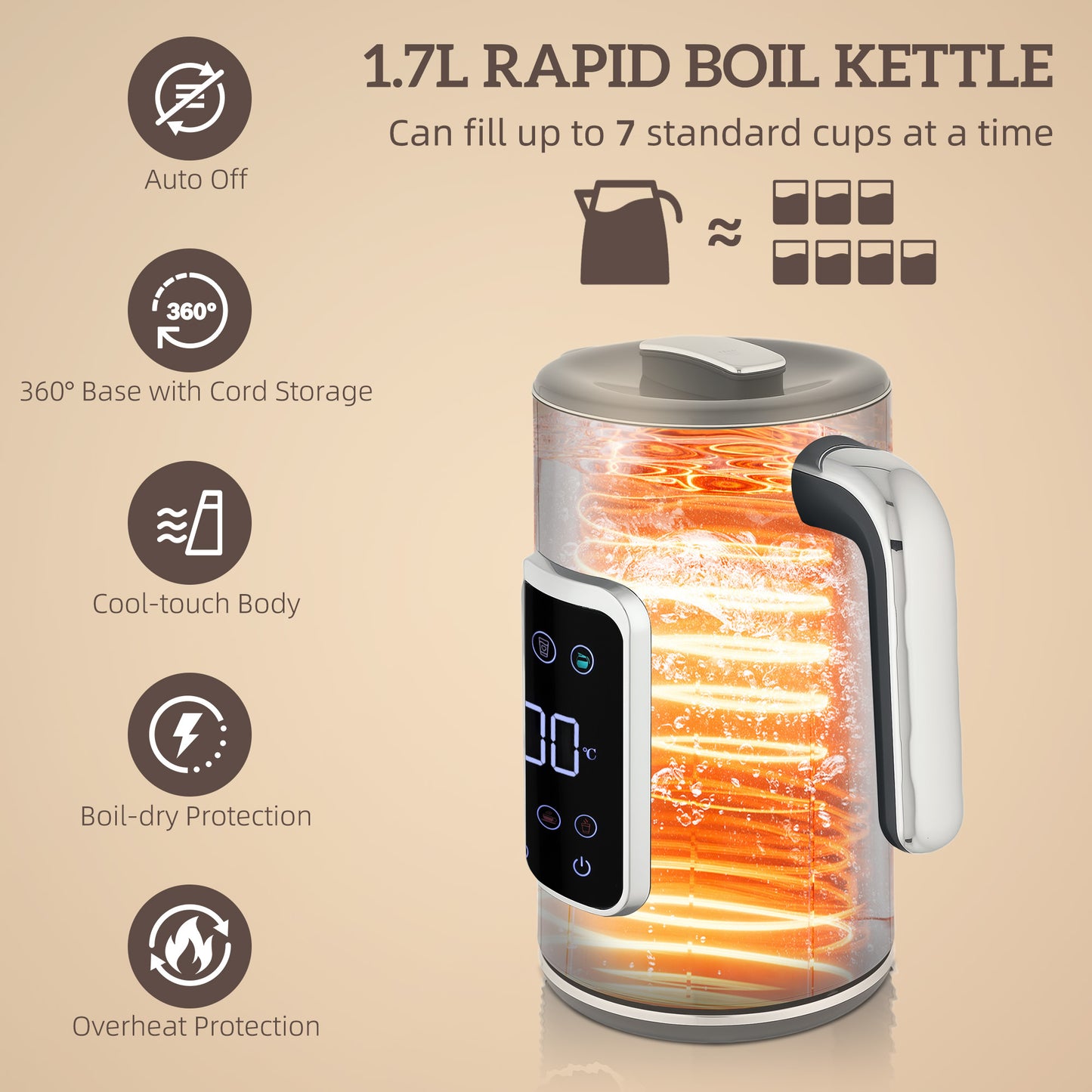 1.7L 3000W Rapid Boil Kettle and 2 Slice Toaster Set Crumb Tray Grey